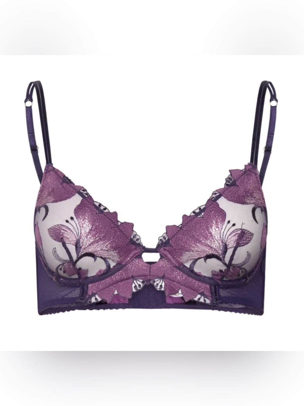 NWT Etam Exaltee Classiq Embroidered Floral Mesh Sheer Underwire Bra Purple 32B